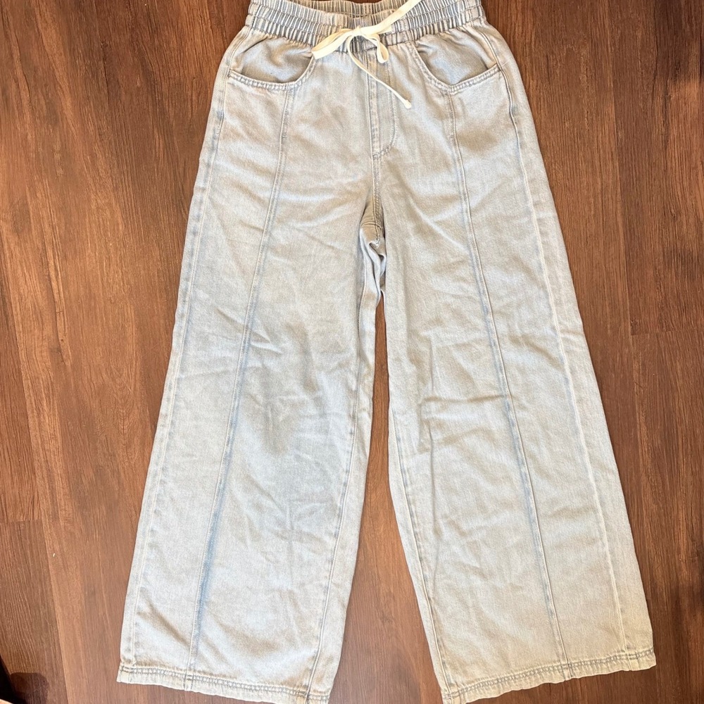 Light Wash Wide Leg Denim Pants Drawstring High Waisted Seam Front Jeans XS